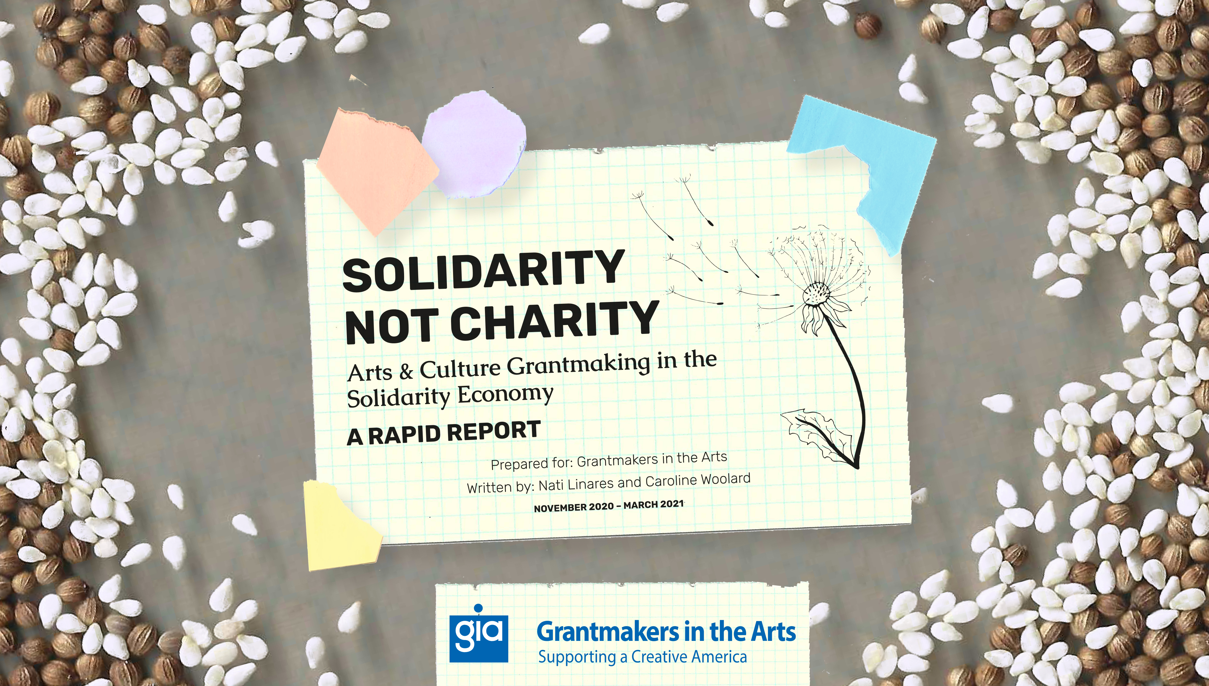 The words “Solidarity Not Charity: Arts & Culture Grantmaking in the Solidarity Economy - A Rapid Report” appear in a notepad background. The words "Prepared for Grantmakers in the Arts, Written by Nati Linares and Caroline Woolard" also appear. The Grantmakers in the Arts logo appears in blue in a notepad background, in the lower center of the graphic.